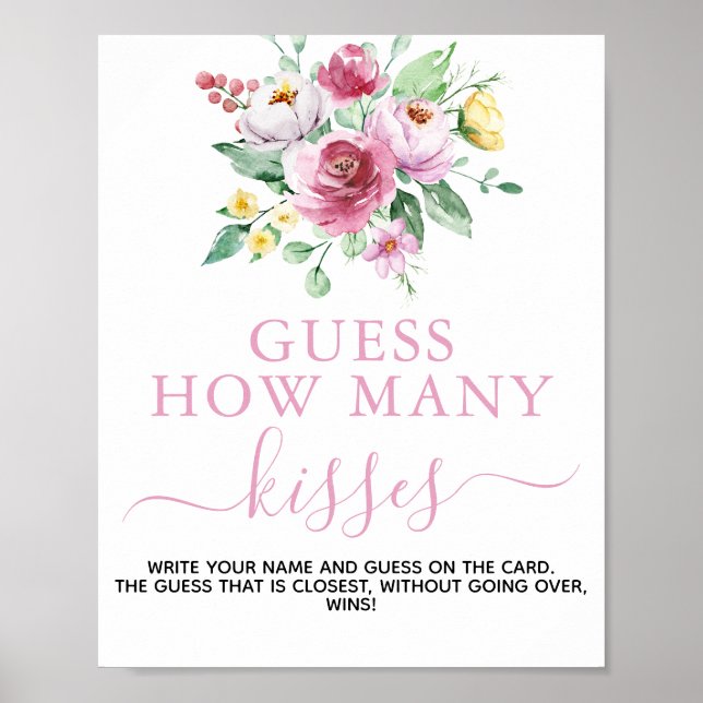 Pink Floral Girl Baby Shower Guess Game Sign (Front)