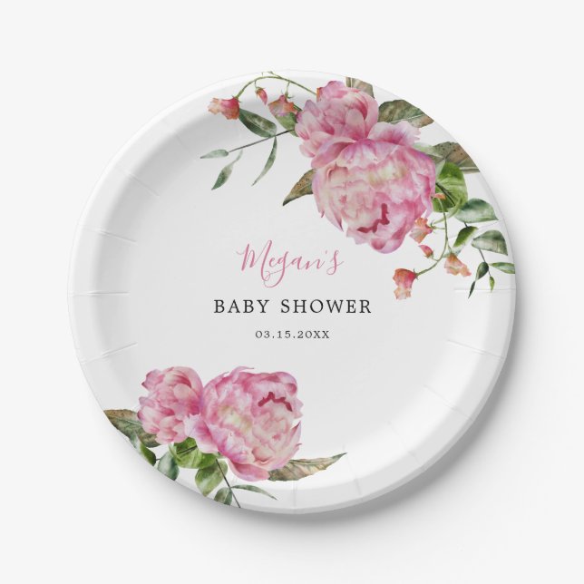 Pink Floral Girl Baby Shower Paper Plate (Front)