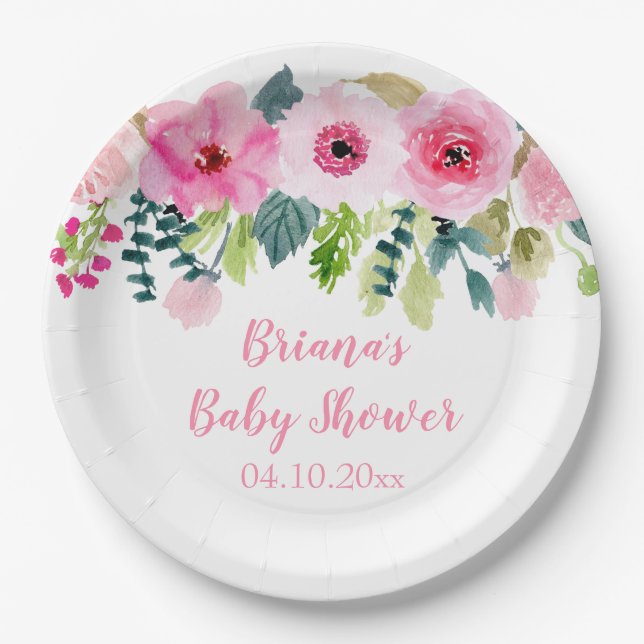 Pink Floral Girl Baby Shower Paper Plate (Front)