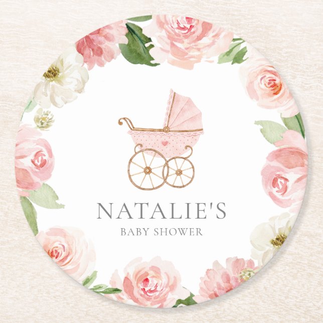 Pink Floral Girl Baby Shower Round Paper Coaster (Front)