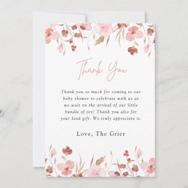 Pink Floral Girl Baby Shower Thank You Card (Front)