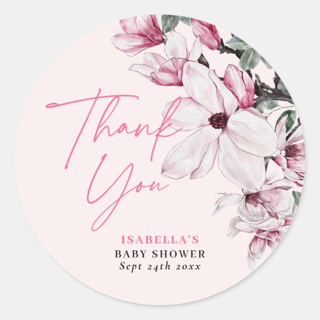 Pink Floral Girl Baby Shower Thank You Classic Round Sticker (Front)