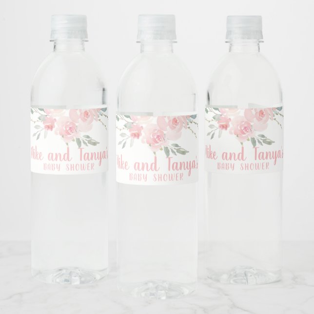 Pink floral girl baby shower water bottle labels. label (Bottles)