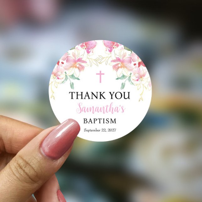 Pink Floral Girl Baptism Classic Round Sticker (Creator Uploaded)