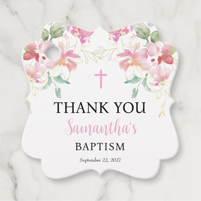 Pink Floral Girl Baptism Favour Tag (Front)