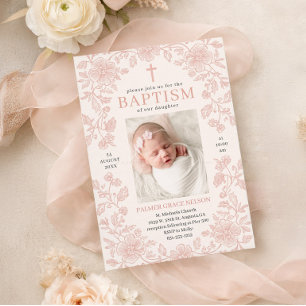 Pink Floral Girl Baptism Invitation