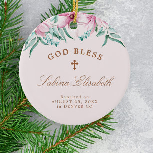 Pink floral girl baptism personalized God bless Ceramic Tree Decoration