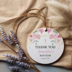 Pink Floral Girl Baptism Scalloped Favour Tag