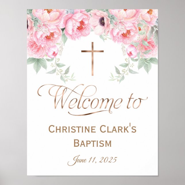 Pink, Floral, Girl, Baptism Welcome Sign, 11x14 Poster (Front)