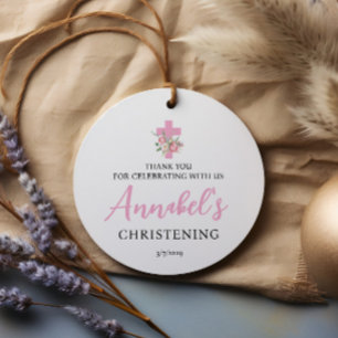Pink Floral Girl Christening Round Favour Tags