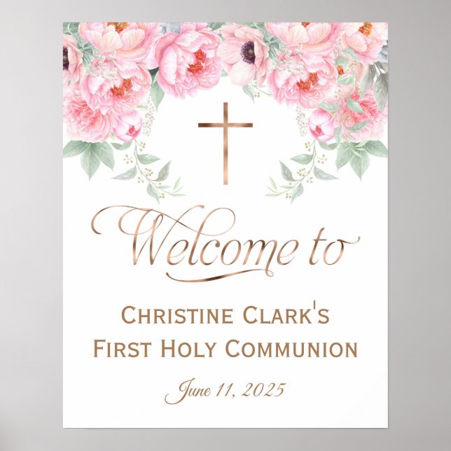Pink, Floral, Girl, Communion Welcome Sign, 16x20 Poster (Front)
