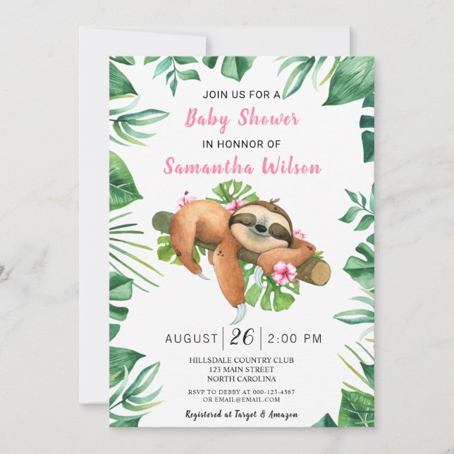 Pink Floral Girl Cute Sloth Baby Shower Invitation (Front)
