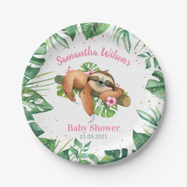 Pink Floral Girl Cute Sloth Baby Shower Paper Plat Plate (Front)