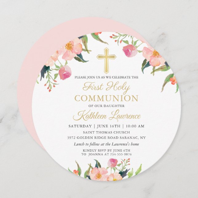 Pink Floral Girl First Holy Communion Circle Invitation (Front/Back)
