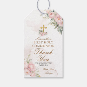 Pink Floral Girl FIRST Holy Communion Gold Cross Gift Tags