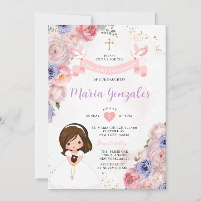 Pink Floral Girl First Holy Communion Gold Cross Invitation (Front)