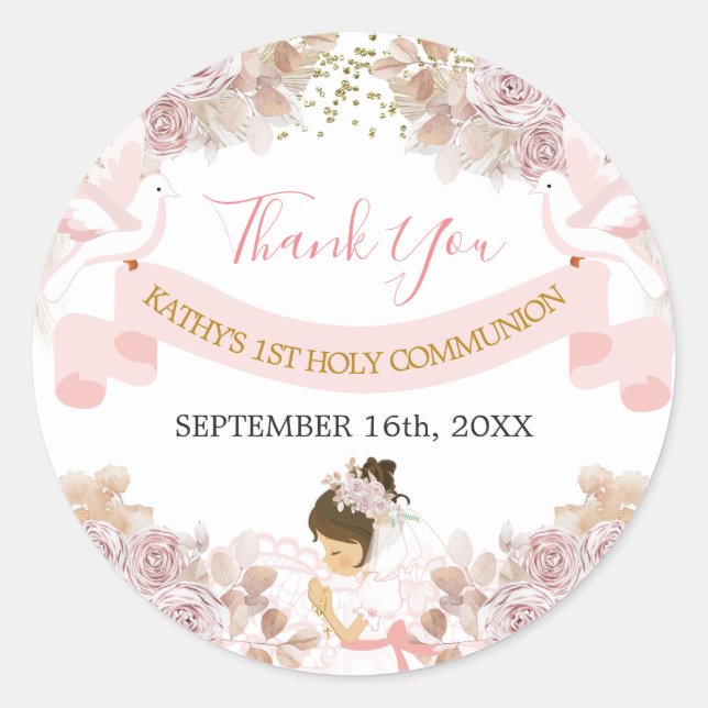 Pink Floral Girl First Holy Communion Thank you Classic Round Sticker (Front)