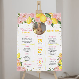 Pink Floral Girl Lemon 1st Birthday Milestone Poster