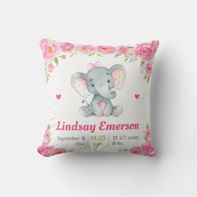 Pink Floral Girl Nursery Baby Shower Gift Elephant Cushion (Front)