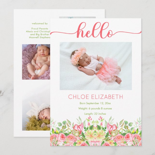 Pink Floral Girl Photo Collage Birth Announcement (Front/Back)