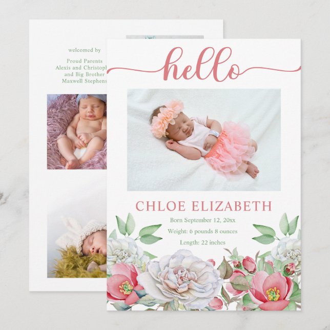Pink Floral Girl Photo Collage Birth Announcement (Front/Back)