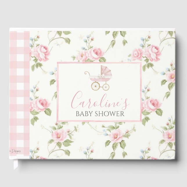 Pink Floral Girl Preppy Southern Baby Shower Guest Book (Front)