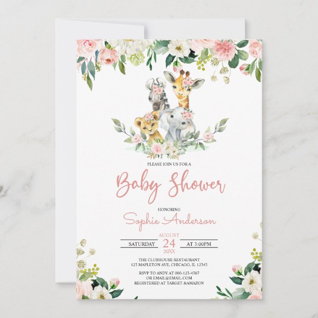 Pink Floral Girl Safari Jungle Animals Baby Shower Invitation (Front)