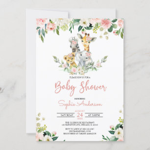 Pink Floral Girl Safari Jungle Animals Baby Shower Invitation