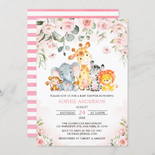 Pink Floral Girl Safari Jungle Animals Baby Shower Invitation