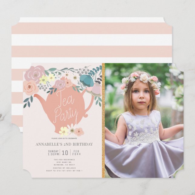 Pink Floral Girl Tea Party Photo Birthday Invitation (Front/Back)