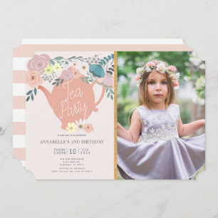 Pink Floral Girl Tea Party Photo Birthday Invitation