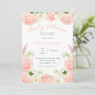 Pink Floral Girl Watercolor Script Baby Shower Invitation