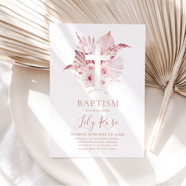 Pink Floral Girl's Baptism Christening   Invitation (Pink Girls Baptism Invitation
)