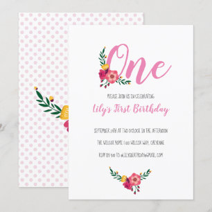 Pink Floral Girl's First Birthday Party Invitation