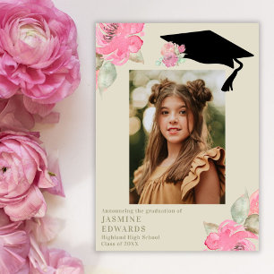 Pink Floral Girl's Photo Graduation Announcement