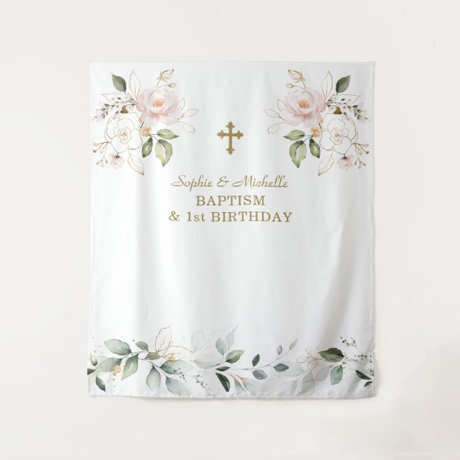 Pink Floral Girls Twins 1st Birthday Baptism  Tapestry (Front)