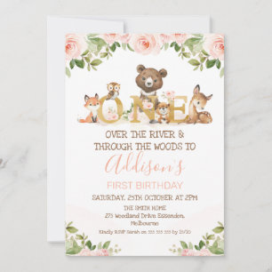 Pink Floral Girls Woodland First Birthday Invitati Invitation