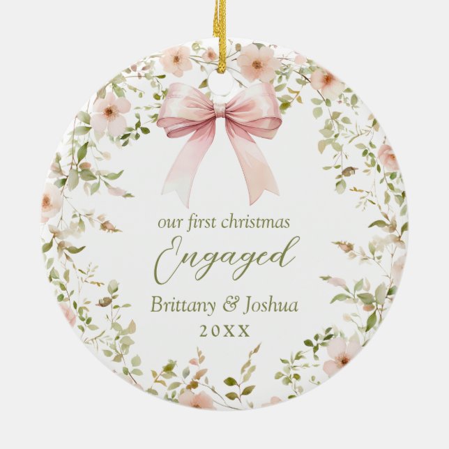 Pink Floral Girly Coquette 1st Christmas Engaged Ceramic Tree Decoration (Back)