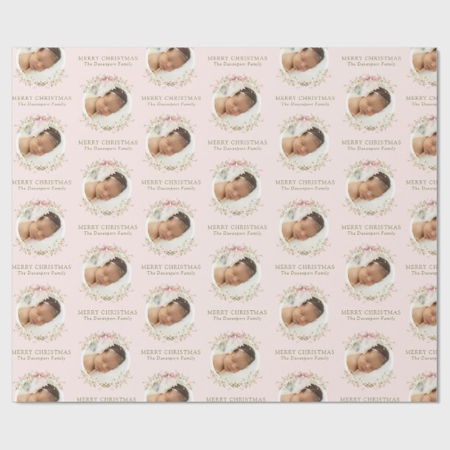 Pink Floral Girly Coquette Bow Photo Christmas Wrapping Paper (Flat)