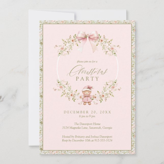 Pink Floral Girly Coquette Holiday Party Invitation (Front)