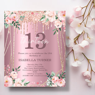 Pink Floral Glitter 13th Birthday Invitation