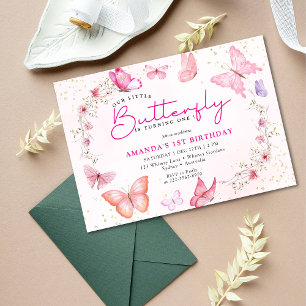 Pink floral Glitter a little Butterfly birthday  Invitation