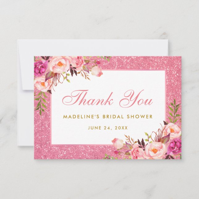 Pink Floral Glitter Bridal Shower Thank You P Invitation (Front)