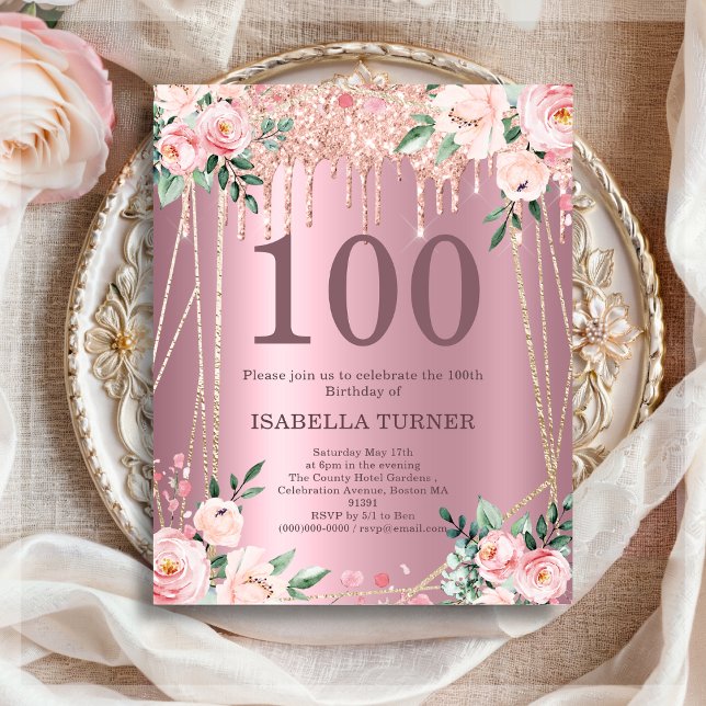 Pink Floral Glitter Budget 100 Birthday Invitation (Creator Uploaded)