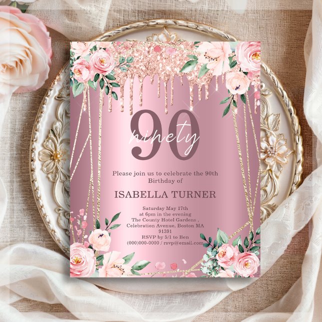 Pink Floral Glitter Budget 90 Birthday Invitation (Creator Uploaded)
