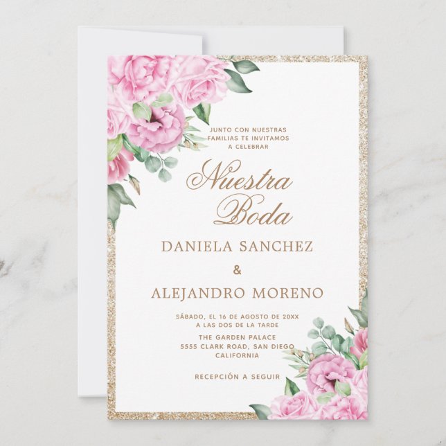 Pink Floral Glitter Nuestra Boda Spanish Wedding Invitation (Front)