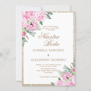 Pink Floral Glitter Nuestra Boda Spanish Wedding Invitation