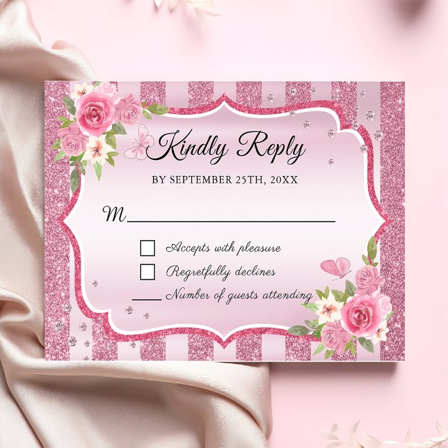 Pink Floral Glitter Quinceanera RSVP Card (Creator Uploaded)