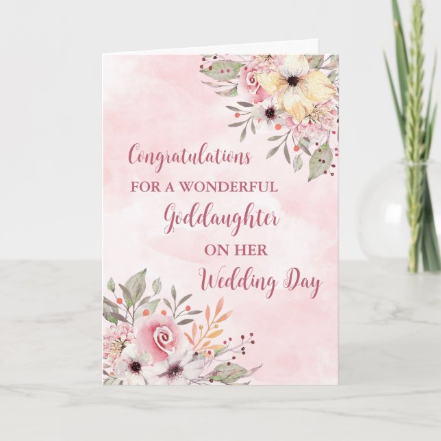 Pink Floral Goddaughter Wedding Congratulations Card (Front)