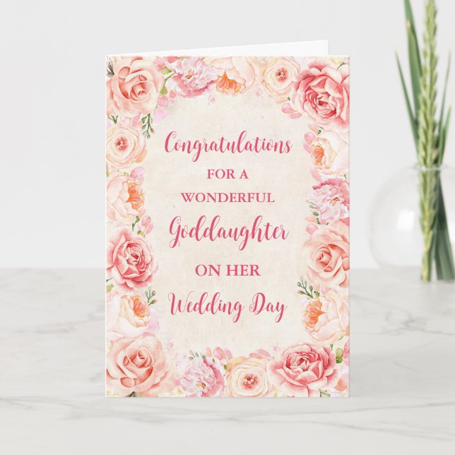 Pink Floral Goddaughter Wedding Congratulations Card (Front)